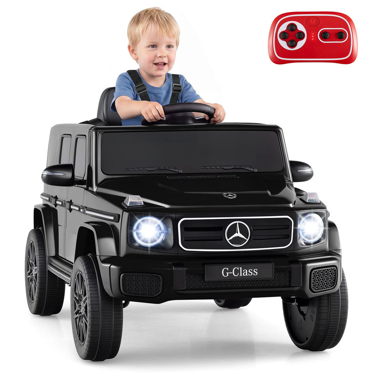 Black 12V Mercedes Benz EQG 580 kids ride-on car for ages 3-8, featuring realistic design and safety features.