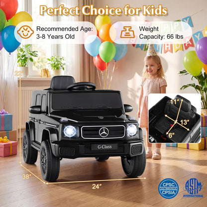 Black 12V Mercedes Benz EQG ride-on car for kids ages 3-8, featuring realistic design and durable plastic construction.
