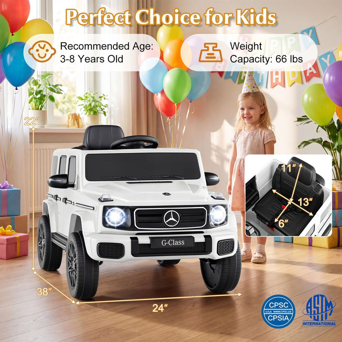 Black 12V Mercedes Benz EQG 580 kids ride-on car for ages 3-8, featuring realistic design and durable plastic construction.