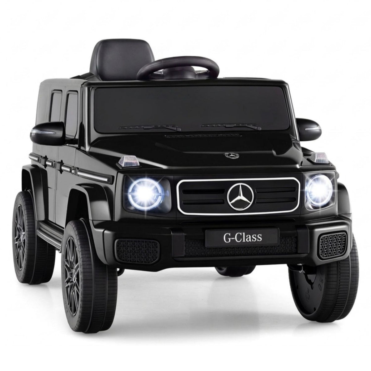 Black 12V Mercedes Benz EQG 580 kids ride on car for ages 3-8, featuring realistic design and durable plastic construction.