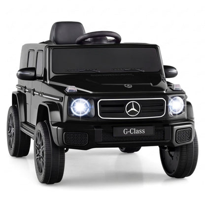 Black 12V Mercedes Benz EQG 580 kids ride on car for ages 3-8, featuring realistic design and durable plastic construction.