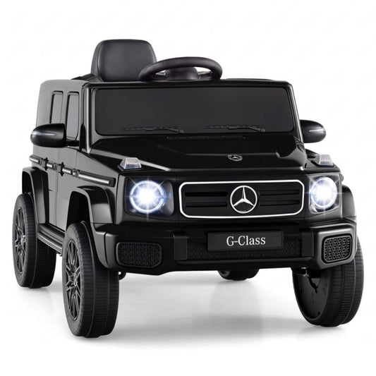 Black 12V Mercedes Benz EQG 580 kids ride on car for ages 3-8, featuring realistic design and durable plastic construction.