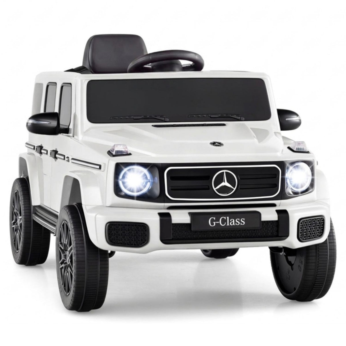 Black 12V Mercedes Benz EQG 580 ride-on toy car for kids, suitable for ages 3-8, with realistic vehicle details.