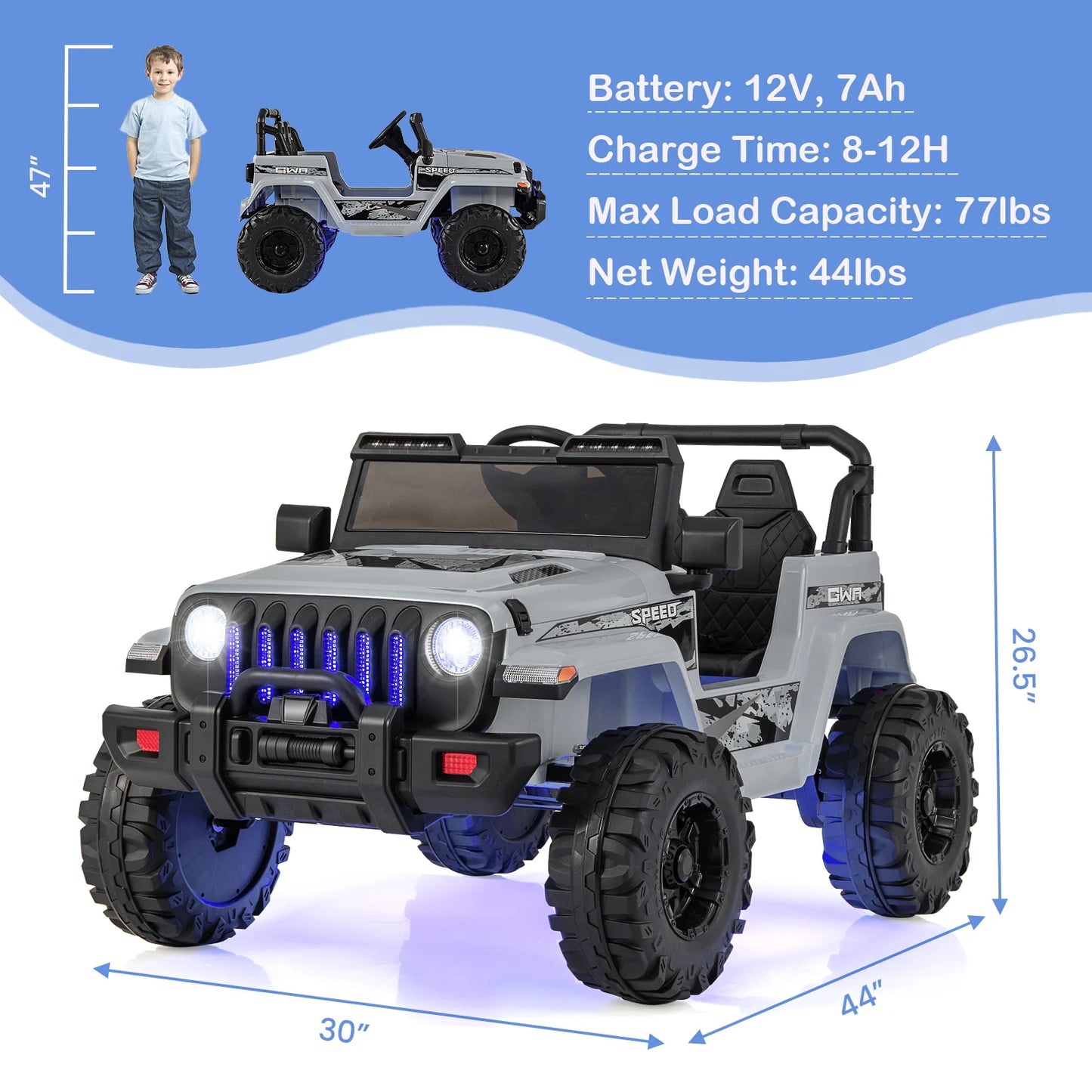 12V Kids Ride-on Jeep Car with 2.4 G Remote Control-Gray