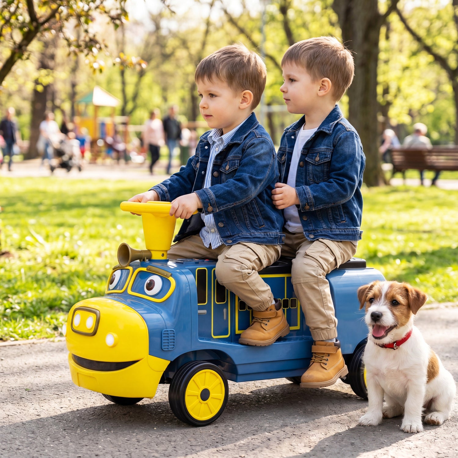 Blue 12V Kids Ride on Train with 3-seater and detachable carriage, licensed Chuggington toy for children.