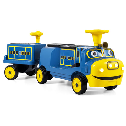 Blue 12V kids ride-on train with three seats and detachable carriage, licensed Chuggington toy for children.