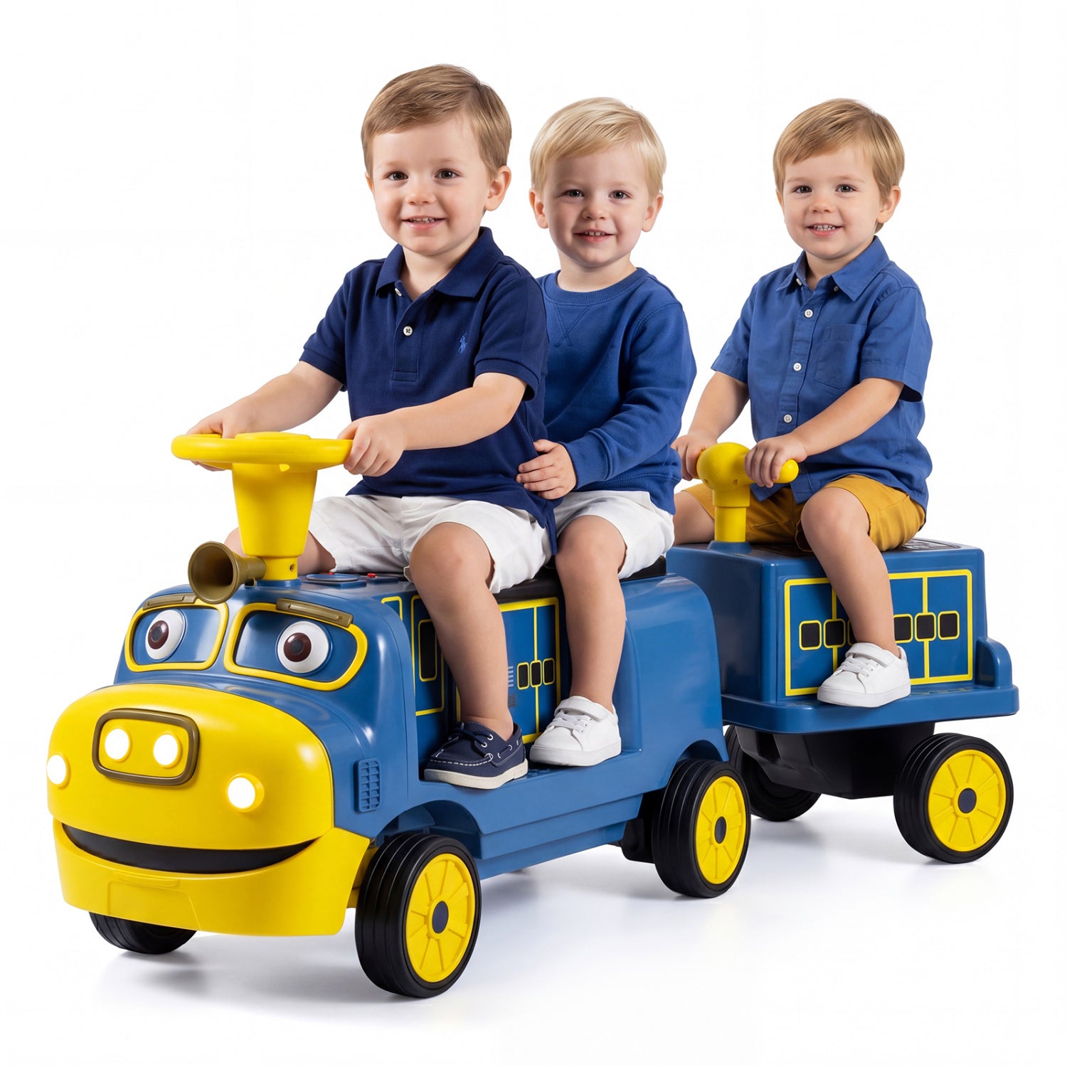 Blue 12V kids ride-on train with three seats and detachable carriage, licensed Chuggington toy for children.