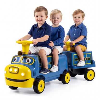 Blue 12V kids ride-on train with three seats and detachable carriage, licensed Chuggington toy for children.
