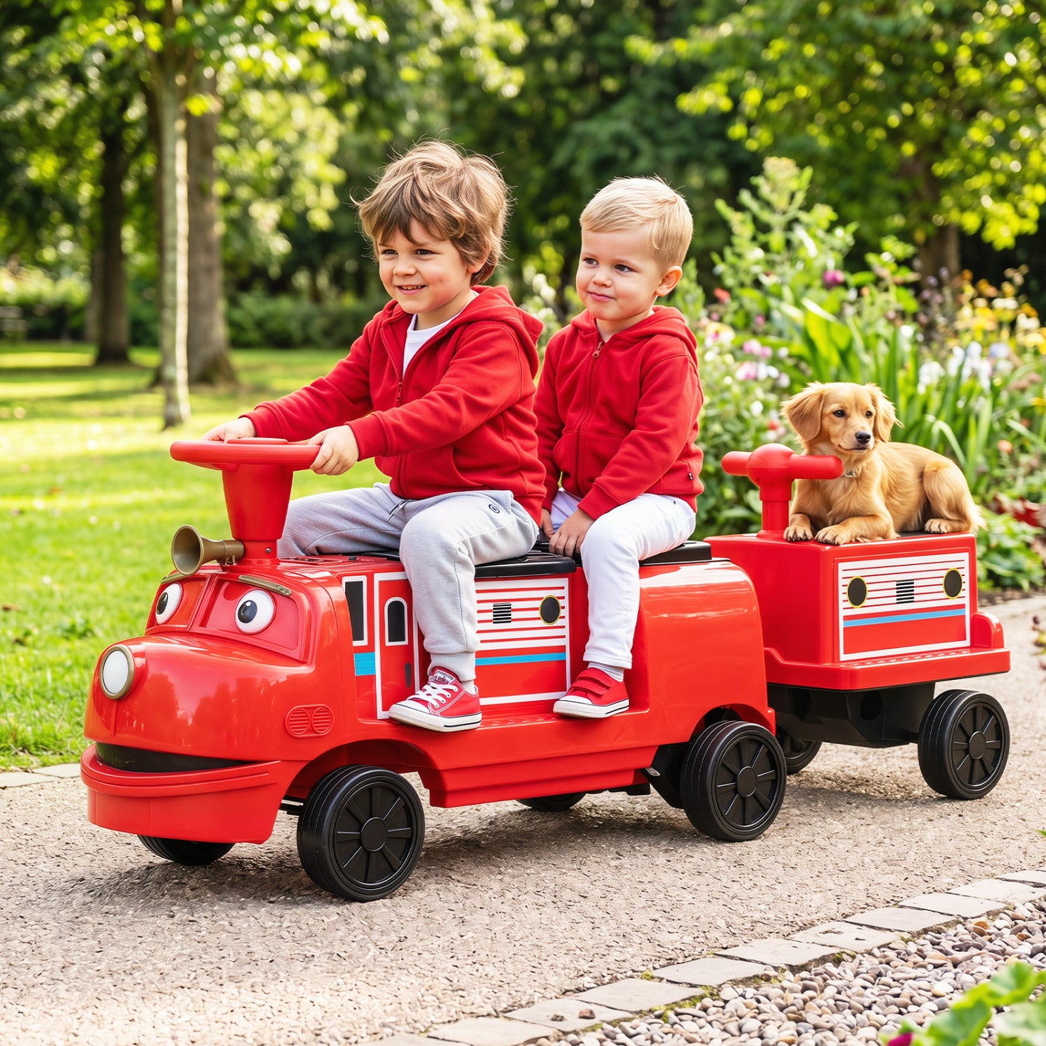 Blue 12V kids ride-on train with three seats and detachable carriage, licensed Chuggington toy for children.