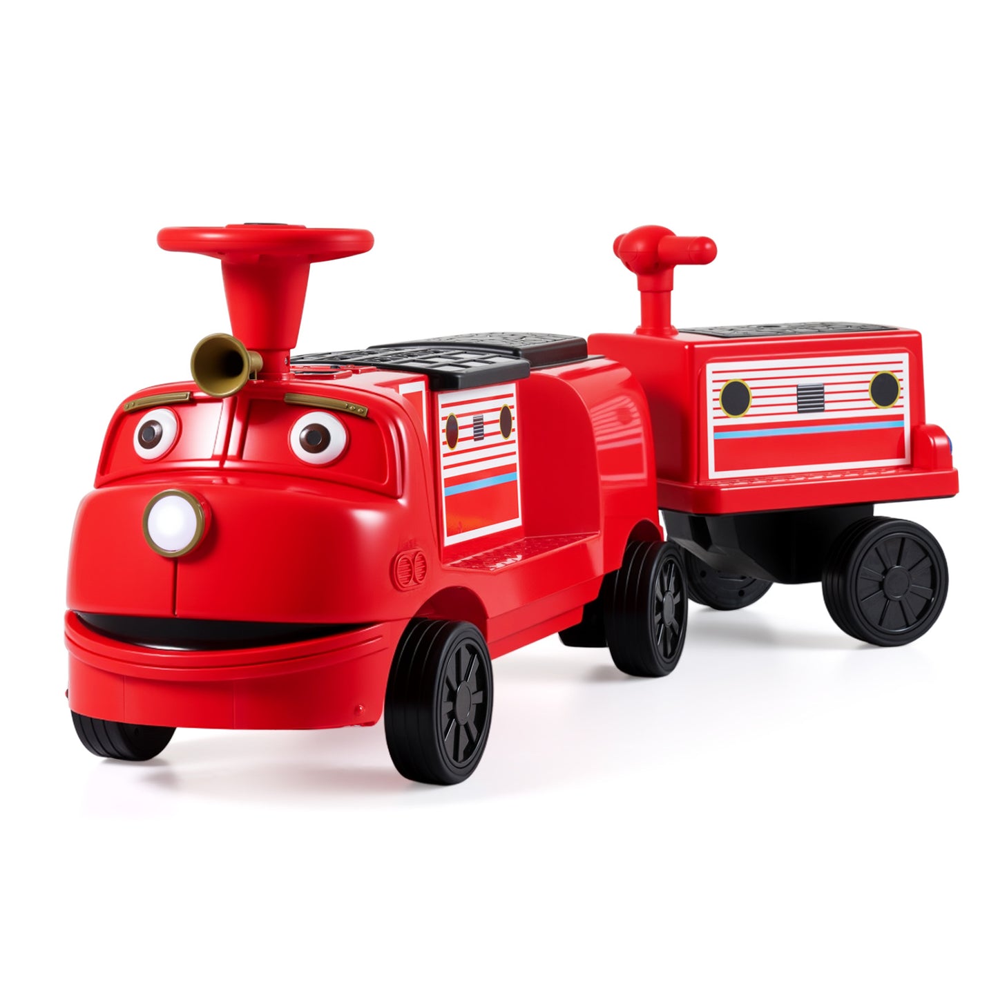 Blue 12V kids ride-on train with three seats and detachable carriage, licensed Chuggington toy for children.