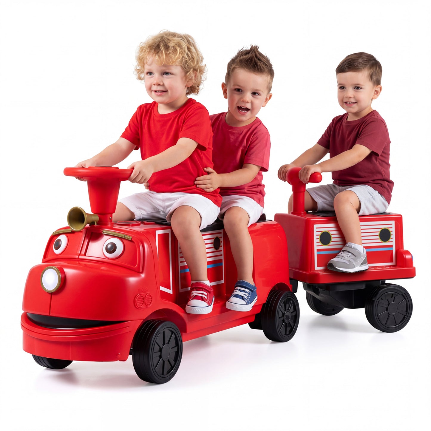 Blue 12V kids ride-on train with three seats and detachable carriage, licensed Chuggington toy for children.