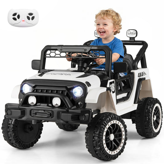 Black 12V kids ride-on truck with remote control and three-speed settings, designed for children’s outdoor play.