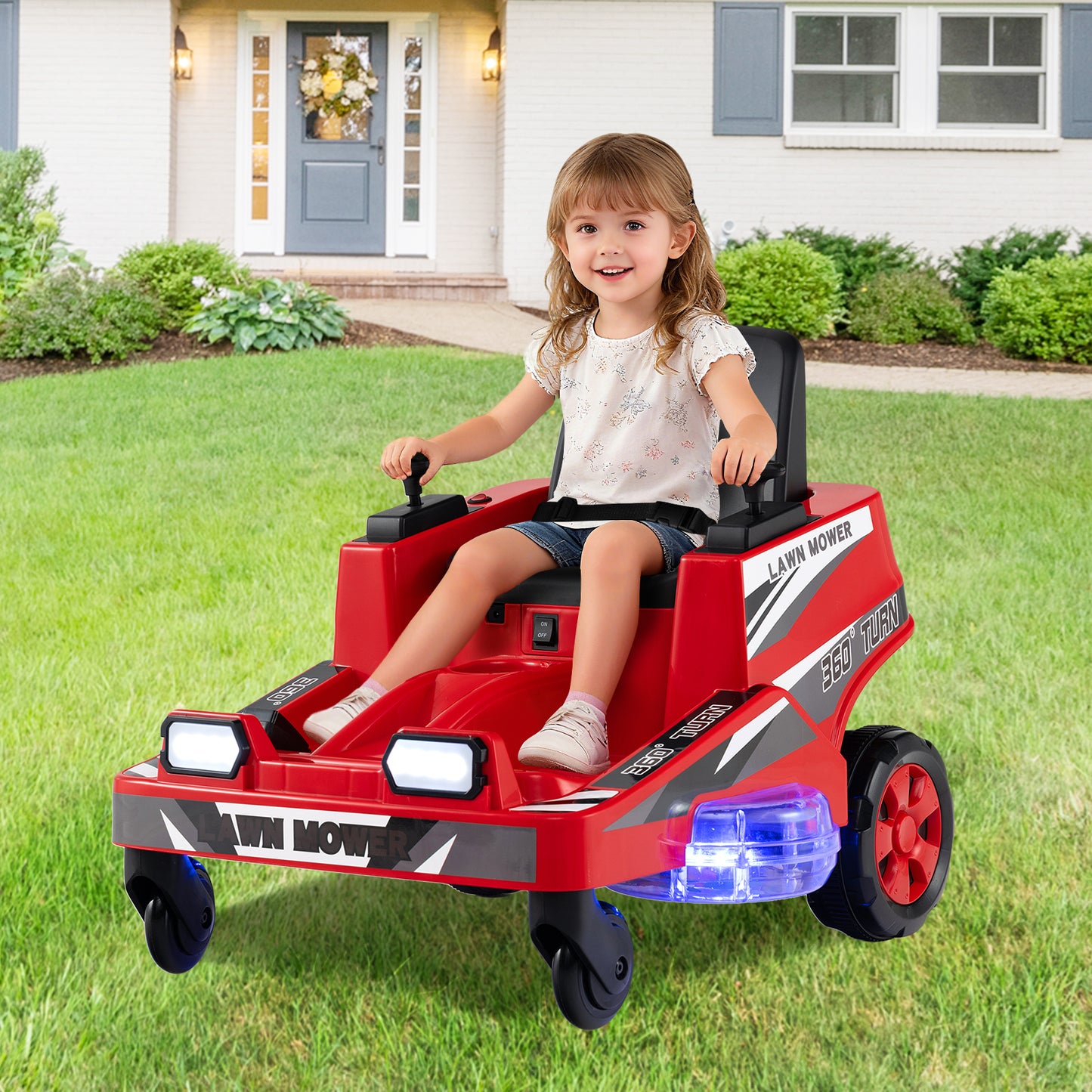 12V Ride on Lawn Mower for Kids with Dual Control Sticks and LED Lights-Green