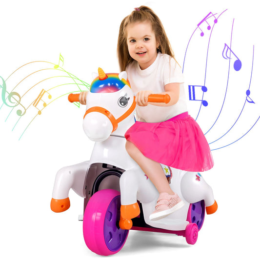 12V Unicorn Ride on Toy with Training Wheels and Horse Riding Mode-Multicolor