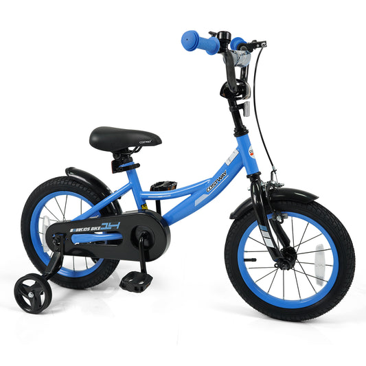 Kids bike with removable training wheels and adjustable seat in navy, available in 12, 14, 16, and 18 inches for children ages 3-8.