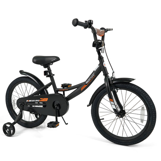 Black kids bike with removable training wheels and adjustable seat in 12/14/16/18 inches, suitable for 3-8 years old.