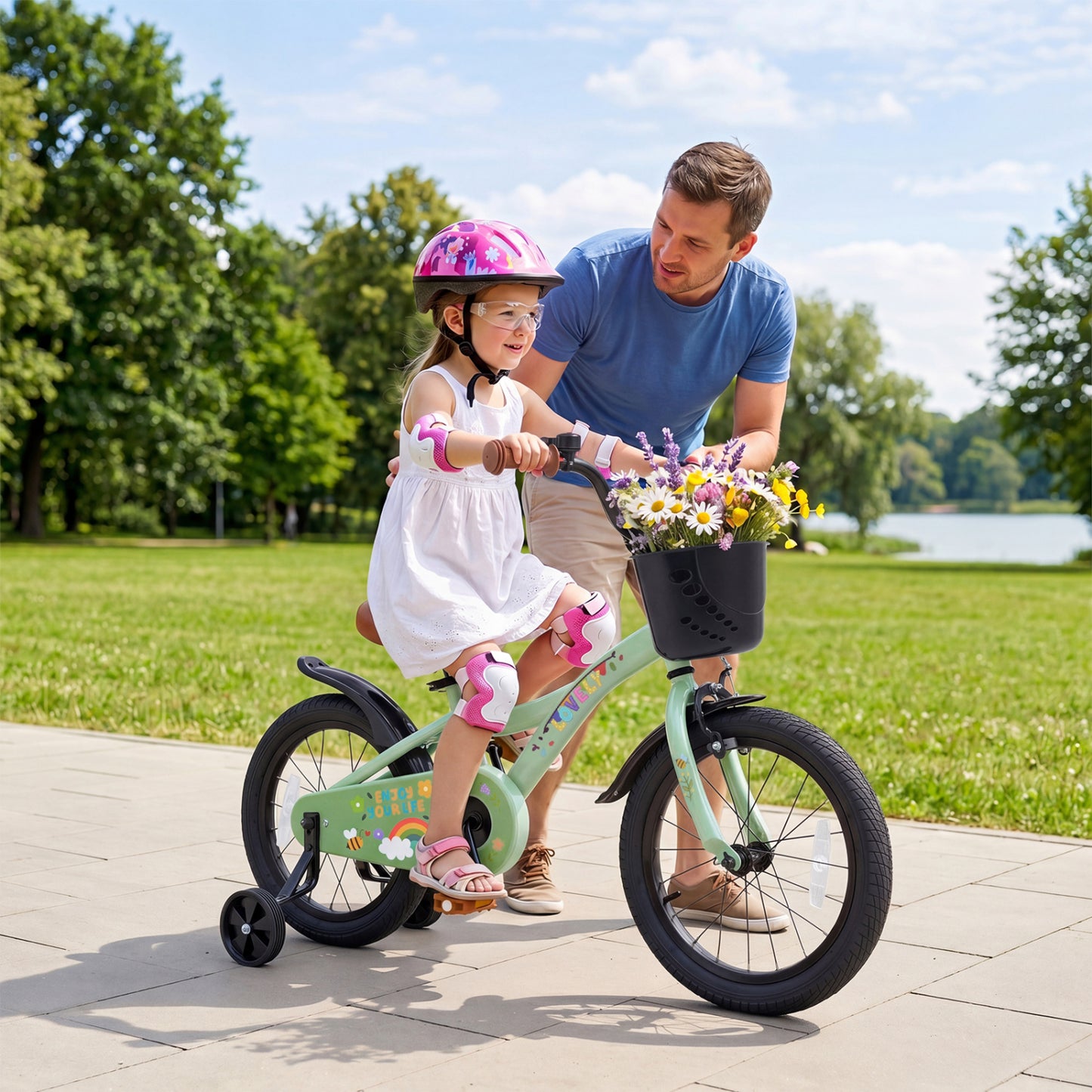 12-18 Inches Girls Bike for 3-8 Years Old with Basket - Spring Party  Green-16“