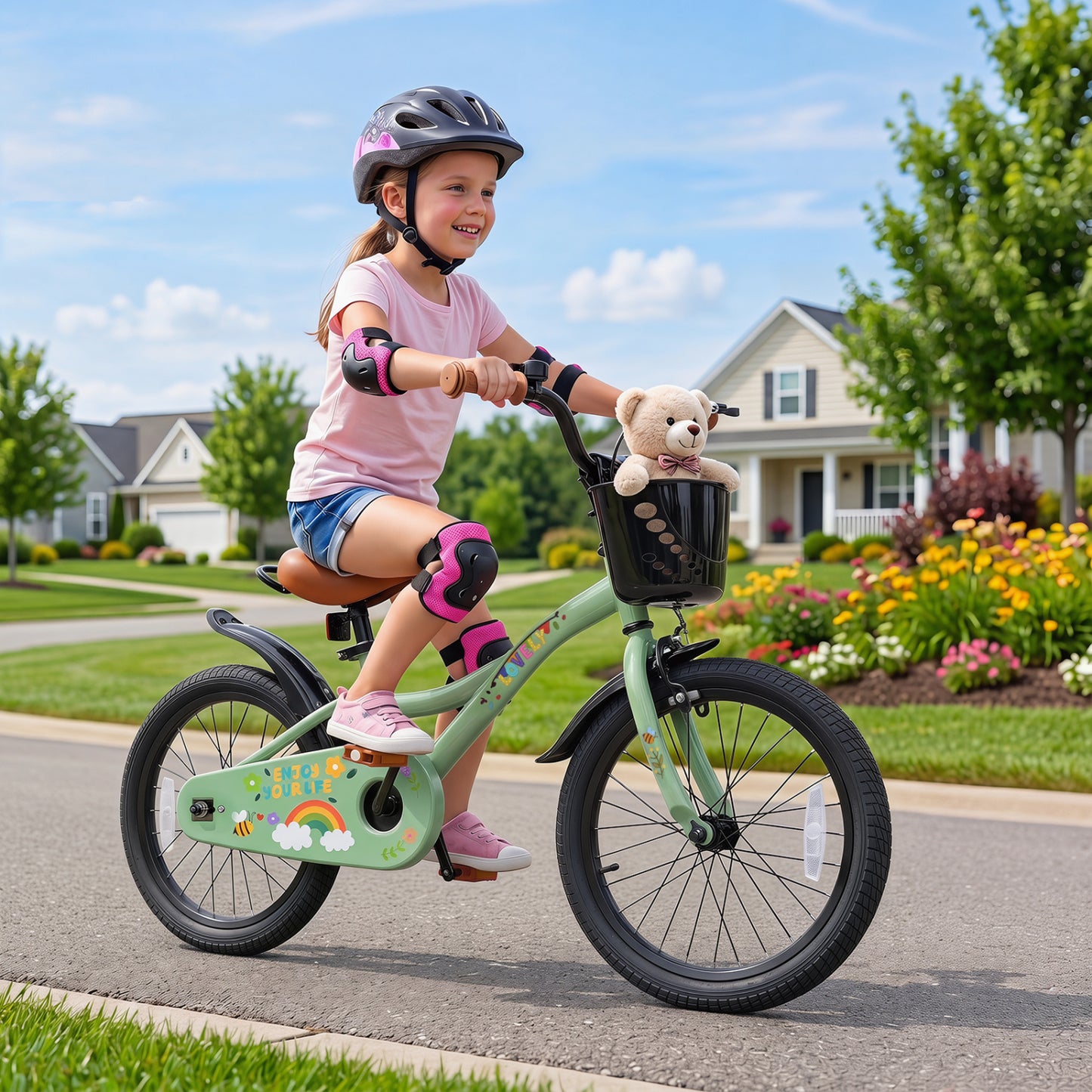 12-18 Inches Green Girls Bike for 3-8 Years Old with Basket - Spring Party-18 inches
