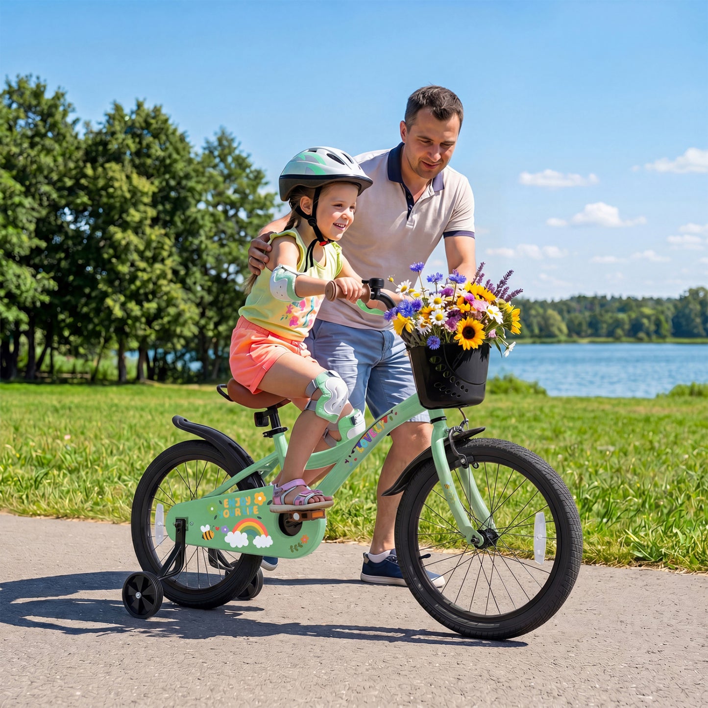 12-18 Inches Green Girls Bike for 3-8 Years Old with Basket - Spring Party-18 inches
