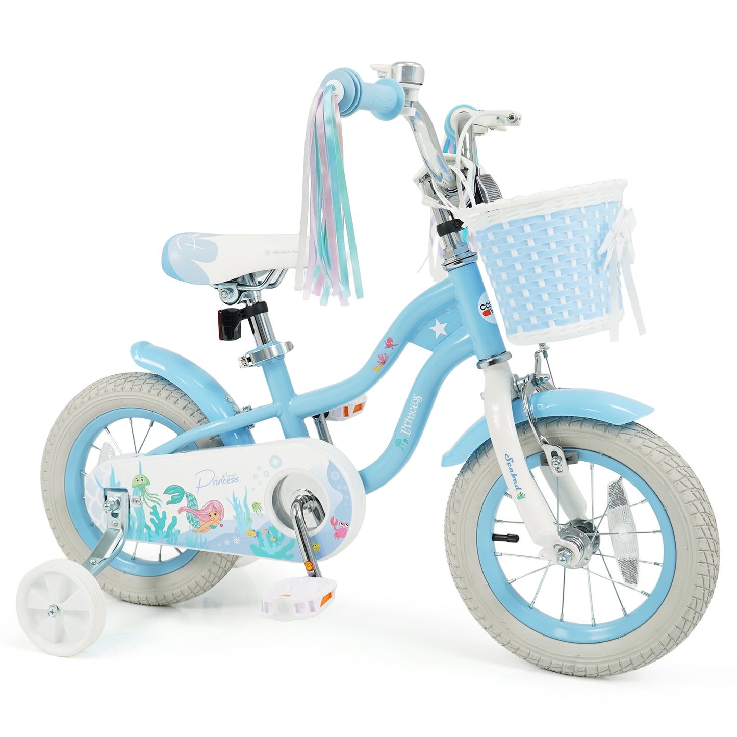 12-20 Inch Kids Bike Adjustable with Basket and Streamers Blue - Princess of the Sea Theme-12 Inch