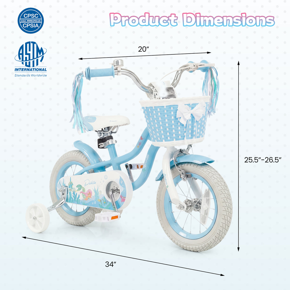 12-20 Inch Kids Bike Adjustable with Basket and Streamers Blue - Princess of the Sea Theme-12 Inch
