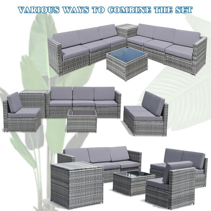 8 Piece Wicker Sofa Rattan Dinning Set Patio Furniture with Storage Table-Black