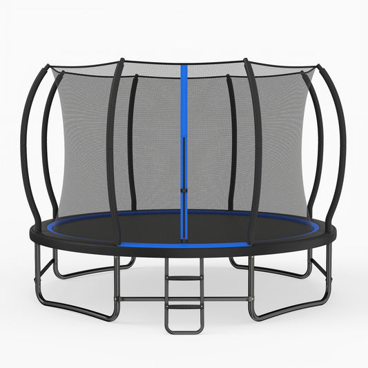 12 FT Outdoor Recreational Trampoline with Enclosure Net and 4 Stabilizer Bars for Backyard-Blue