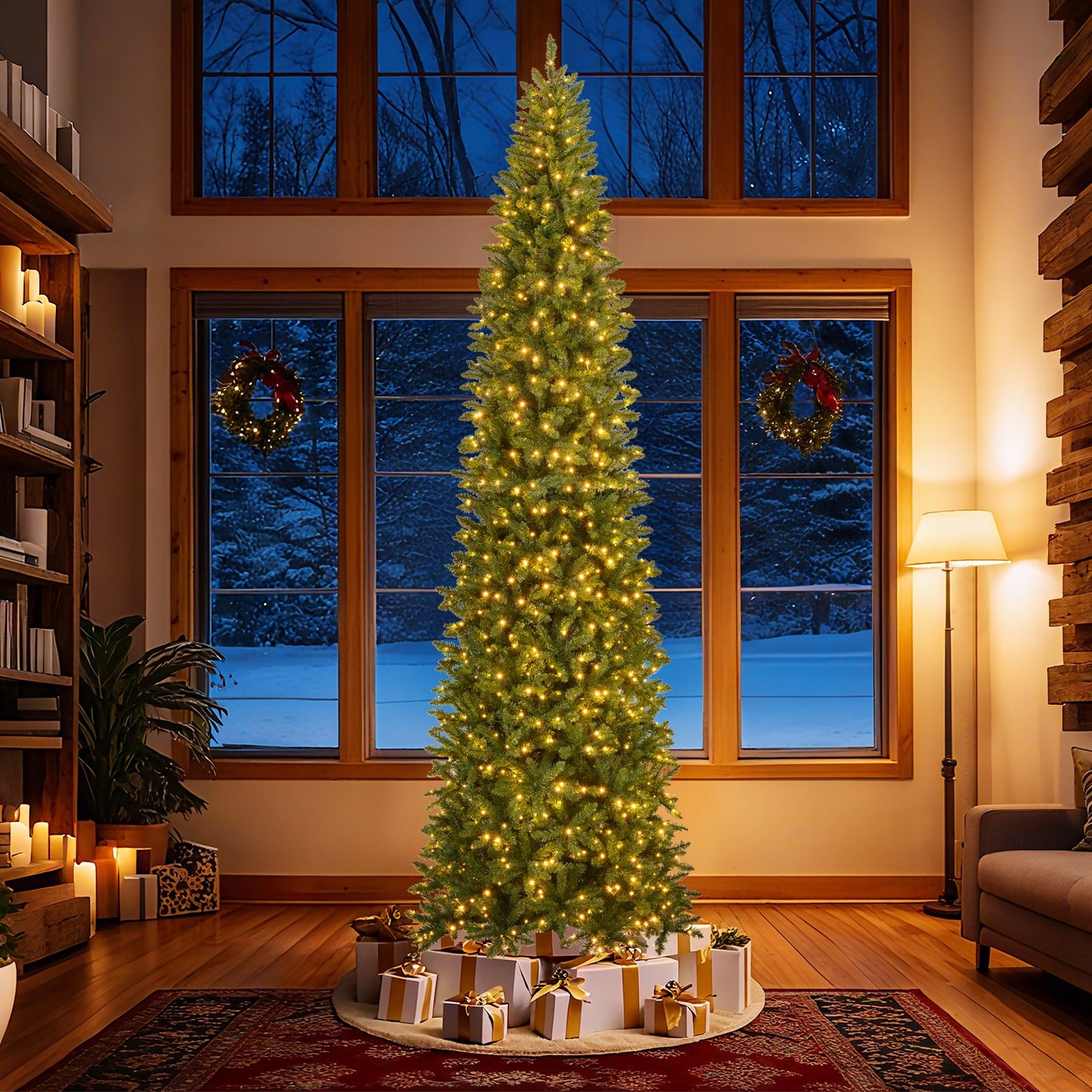 12 Feet Tall Pre-Lit Artificial Christmas Tree Outdoor Indoor Slim Pencil Tree with Lights