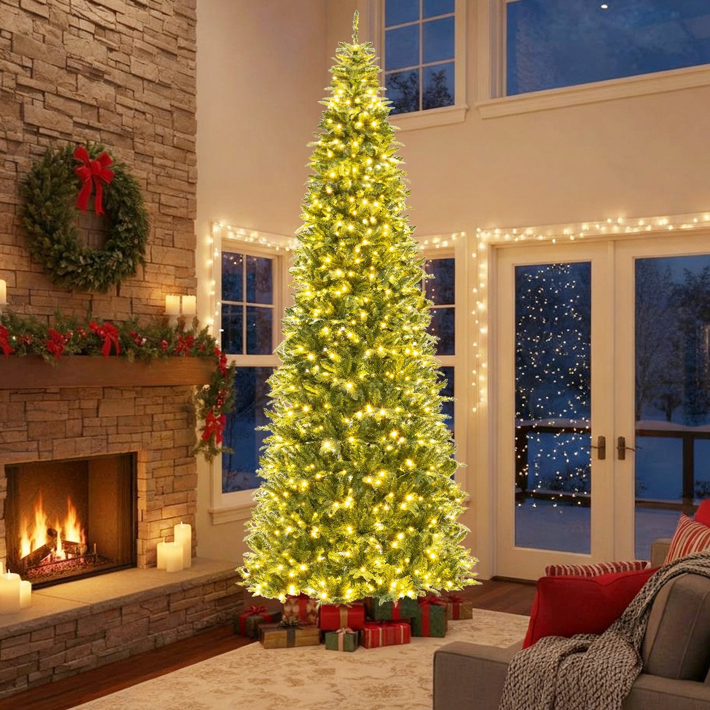 12 Feet Tall Prelit Hinged Artificial Christmas Tree with 2517 PVC PE Branch Tips