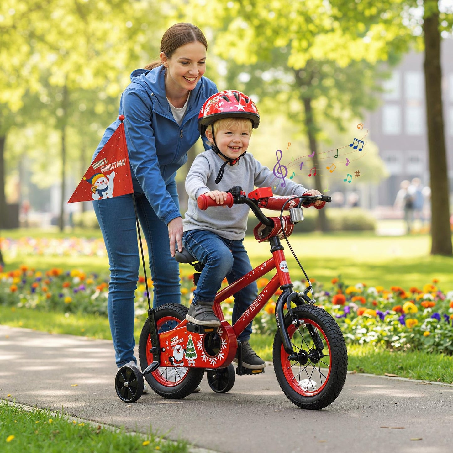 14 Inch Kids Bike Adjustable with Christmas Music & Flag for Aged 4-5 Years Old