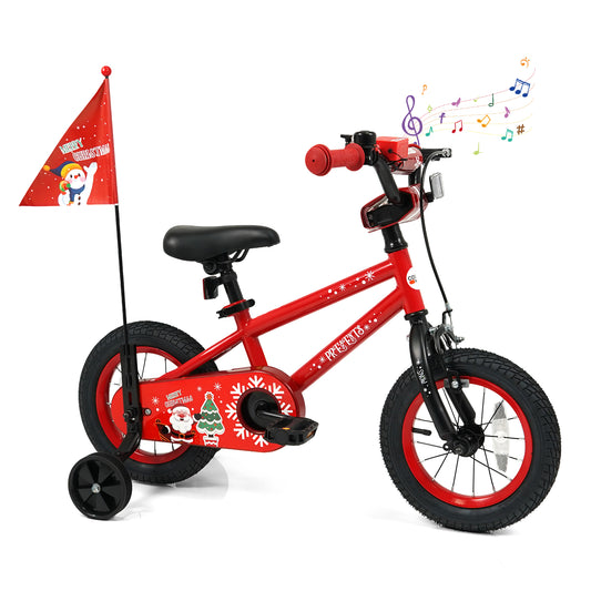 12-inch kids bike by Wilsons Home Store with adjustable seat, Christmas music, and flag, suitable for children aged 3-5 years.