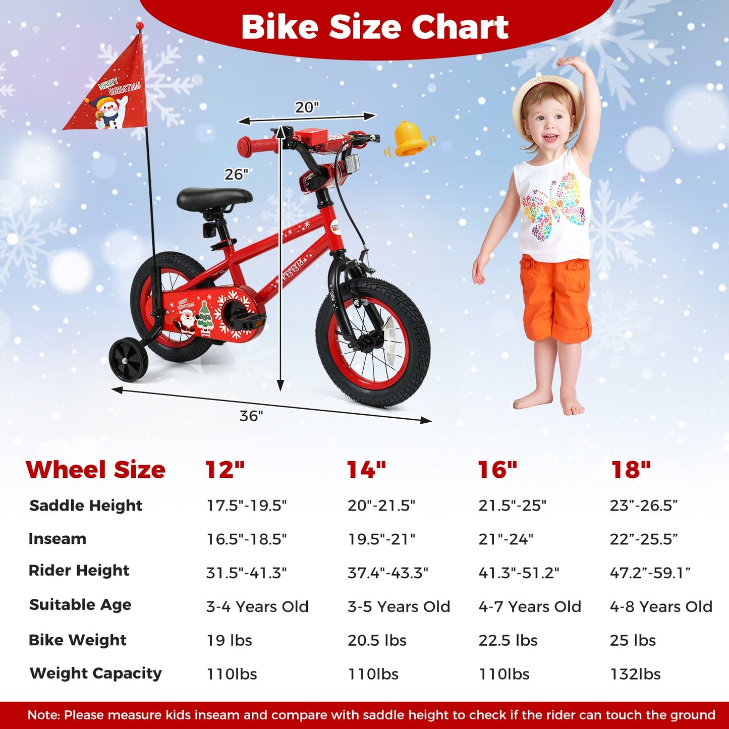 14 Inch Kids Bike Adjustable with Christmas Music & Flag for Aged 4-5 Years Old