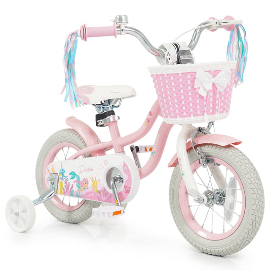 Pink 12-inch kids bike with basket and streamers, adjustable for girls aged 3-4 years, by Wilsons Home Store.