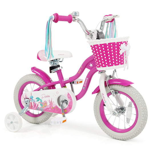 Pink 12-inch kids bike with basket, streamers, and princess of the sea theme, designed for young children, by Wilsons Home Store.