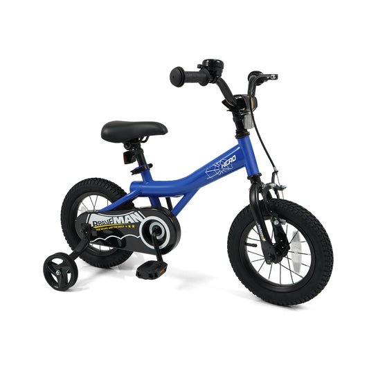 Navy 12-inch kids bike with removable training wheels from Brave Hero, designed for young children learning to ride.