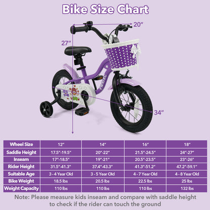12 Inch Kids Bike with Training Wheels for Aged 3-4 Years Old - Magic Purple