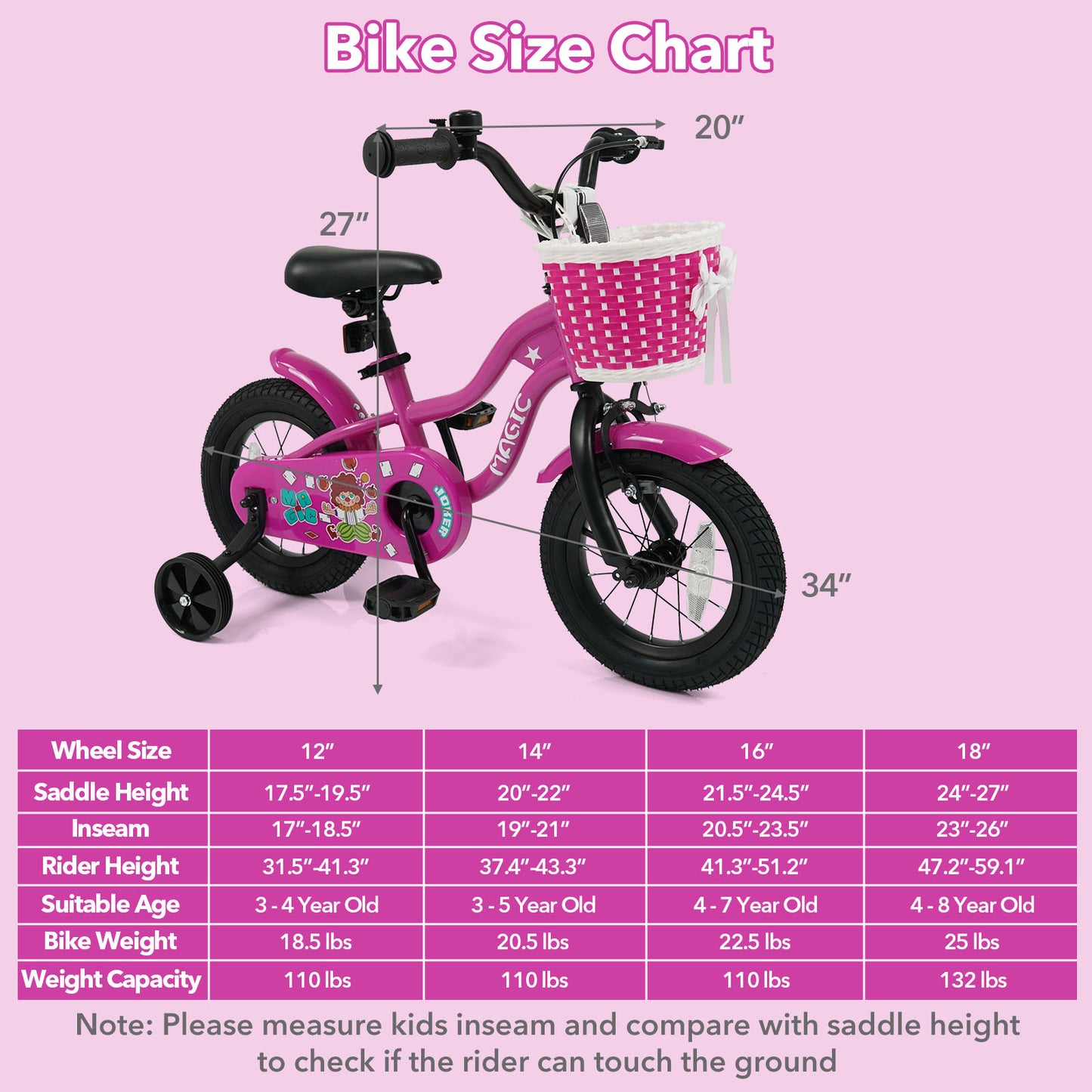 12 Inch Kids Bike with Training Wheels for Aged 3-4 Years Old - Magic Rose