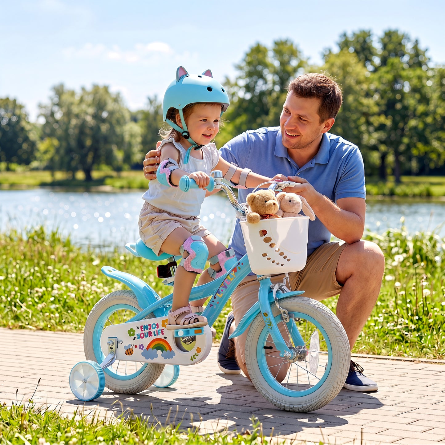 12 Inches Girls Bike for 3-4 Years Old with Training Wheels and Basket - Spring Party  Blue