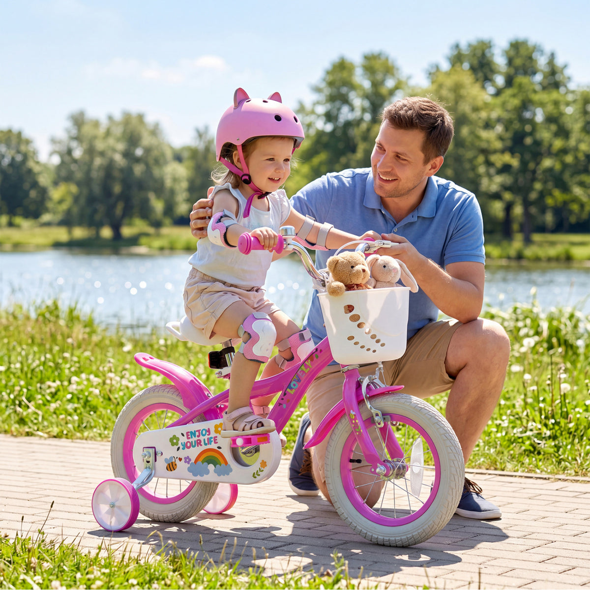 Pink 12-inch girls' bike with basket for ages 3-4, featuring durable frame and spring party design, ideal for outdoor play.