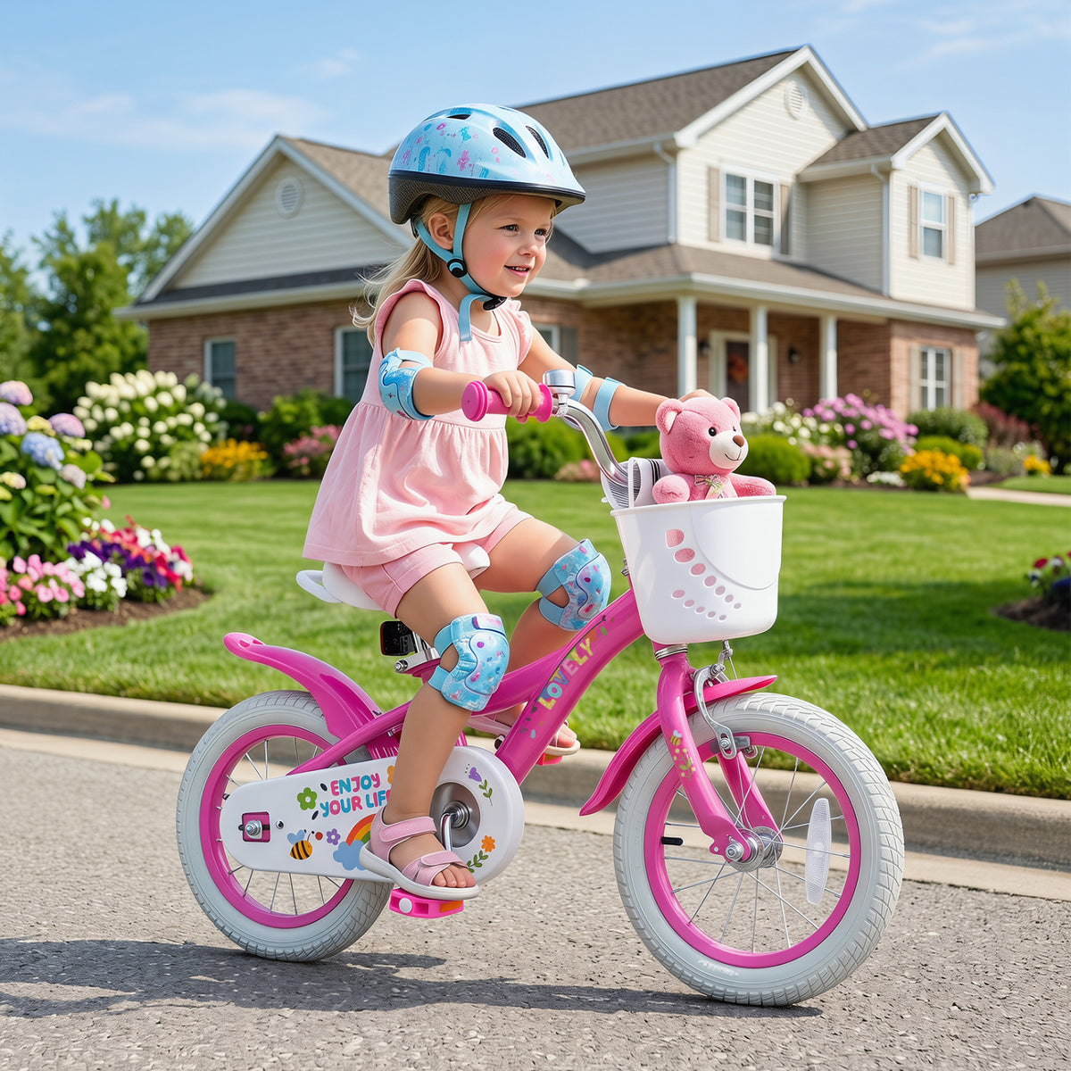 Pink 12-inch girls bike with basket, designed for 3-4 year olds, featuring a sturdy frame and colorful spring party theme.