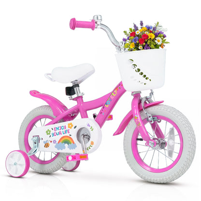 Pink 12-inch girls bike with basket for ages 3-4, featuring a spring party theme, suitable for young children.