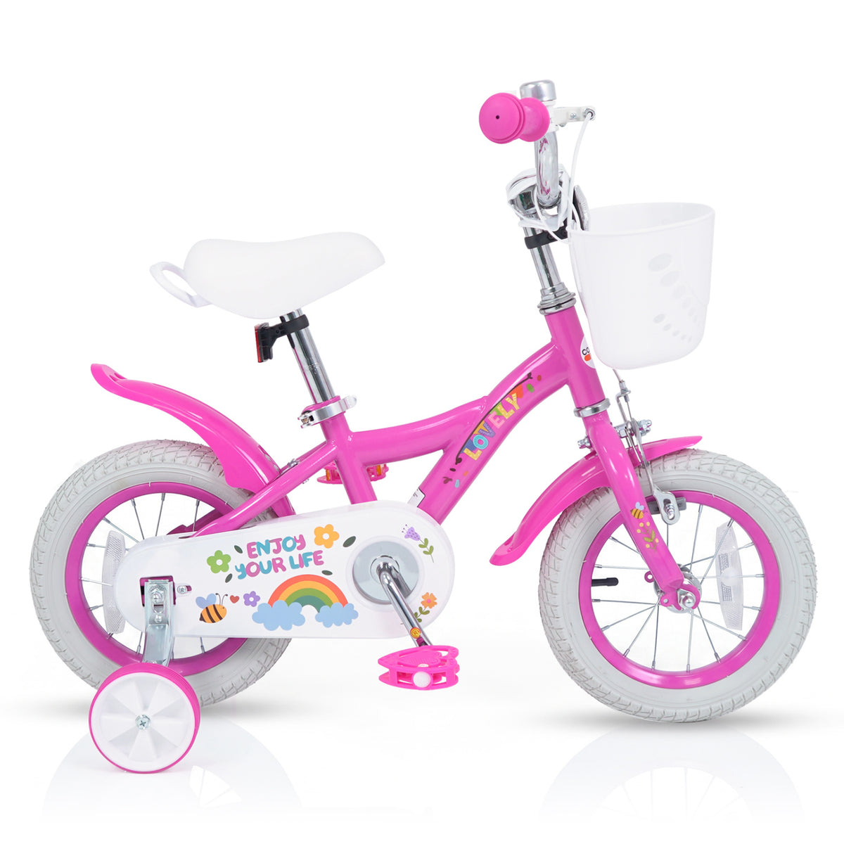 Pink 12-inch girls bike for 3-4 years old with basket, designed for kids' ride-on toy from Wilsons Home Store.