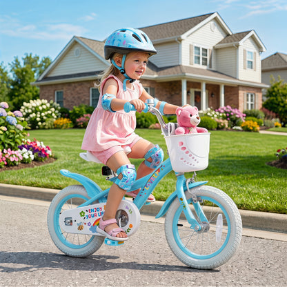 12 Inches Girls Bike for 3-4 Years Old with Training Wheels and Basket - Spring Party  Blue