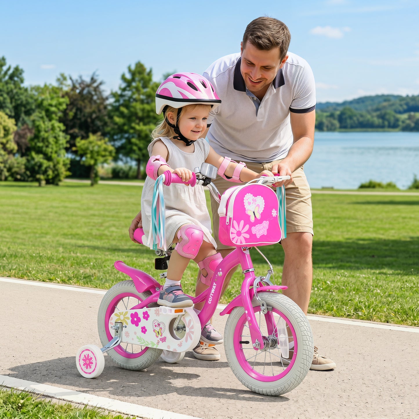 12 Inches Girls Bike with Front Bag and Streamers for 3-4 Years Pink