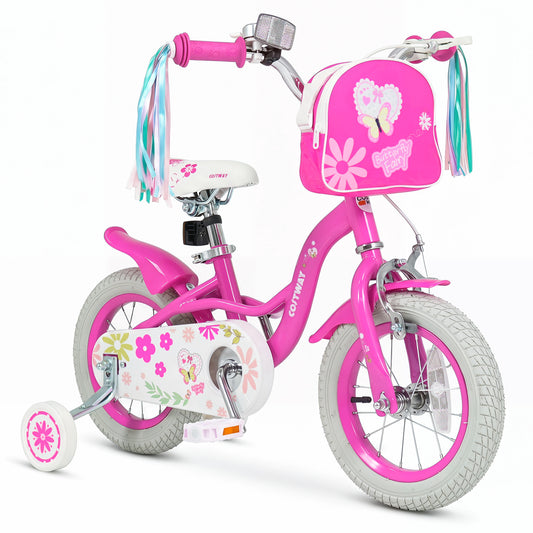 Pink 12-inch girls bike with front bag and streamers for 3-4-year-old kids, featuring a sturdy frame and colorful design.