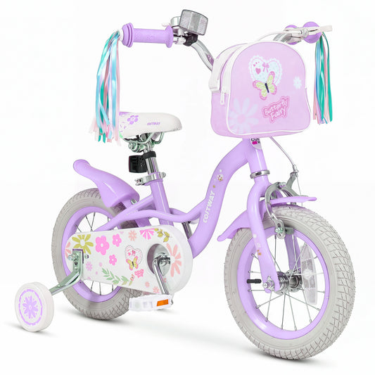 Purple 12-inch girls bike with front bag and streamers, designed for 3-4 year olds, by Direct by Wilsons Home Store.