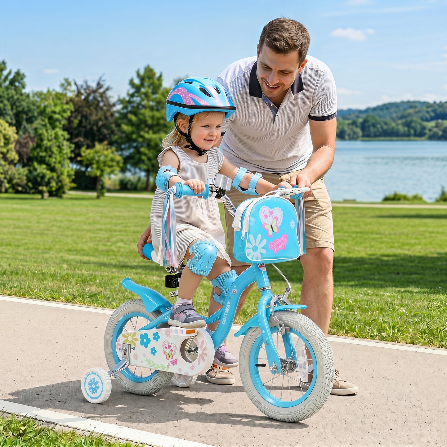 12 Inches Girls Bike with Front Bag and Streamers for 3-4 Years Blue