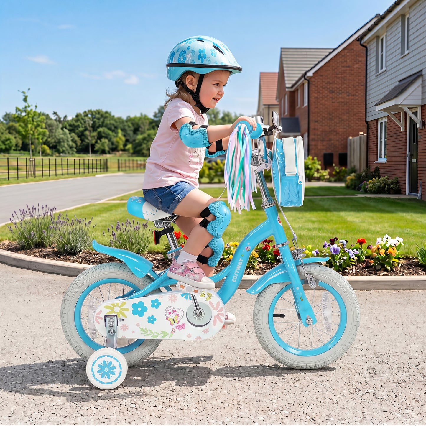 12 Inches Girls Bike with Front Bag and Streamers for 3-4 Years Blue