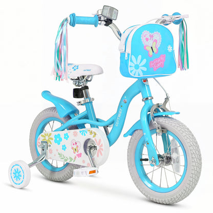 12 Inches Girls Bike with Front Bag and Streamers for 3-4 Years Blue