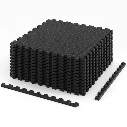 Set of 12 black EVA foam puzzle exercise mats with interlocking tiles for floor cushioning and home gym decor.